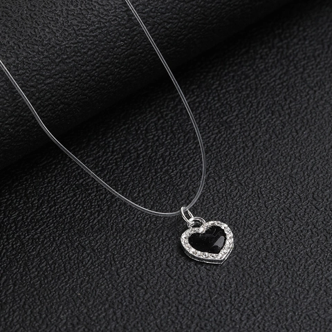 Collar con Colgante de Corazón Cuadrado Negro Vintage Con Hilo de Pescar Transparente Cadena Invisible Choker de Aleación Strass Mujer