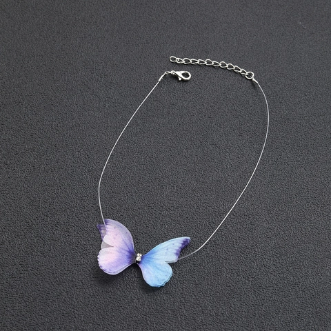 Schmetterling Anhänger Halskette Unsichtbare Angelschnur Choker Farbverlauf Tüll Stoff Strass Elegante Mode Für Damen