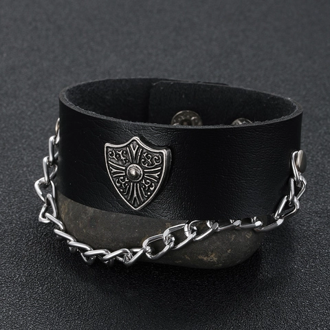 Breit Lederarmband Legierung Schild Metallkette Punk Rock Hip Hop Vintage Armreif Für Männer Unisex