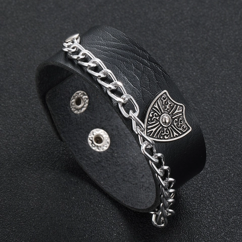 Breit Lederarmband Legierung Schild Metallkette Punk Rock Hip Hop Vintage Armreif Für Männer Unisex
