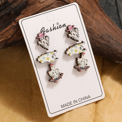 Boucles d'Oreilles Clous en Bois Halloween Vintage Fantôme Araignée Chauve-souris Citrouille Crâne Imprimé Bijoux en Bois pour Femmes Fête Accessoires