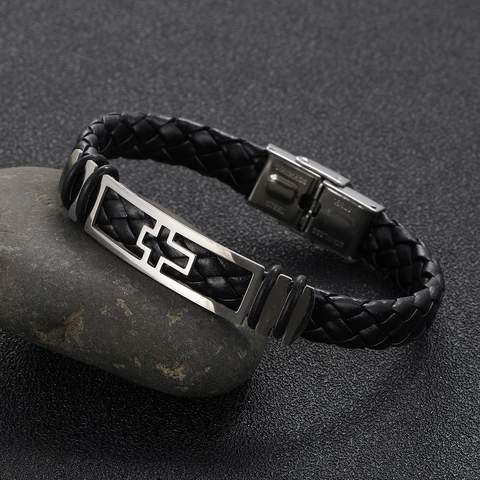 Men Vintage Woven Leather Bracelet Stainless Steel Cross Charm Polished Magnetic Clasp Fashion Jewelry Gift For Men Black Silver