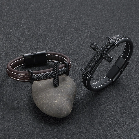 Punk Kreuz Lederarmband Für Herren Vintage Gewebt Kontrastnähte Armband Mit Magnetverschluss Personalisiert Schmuck Für Jungen