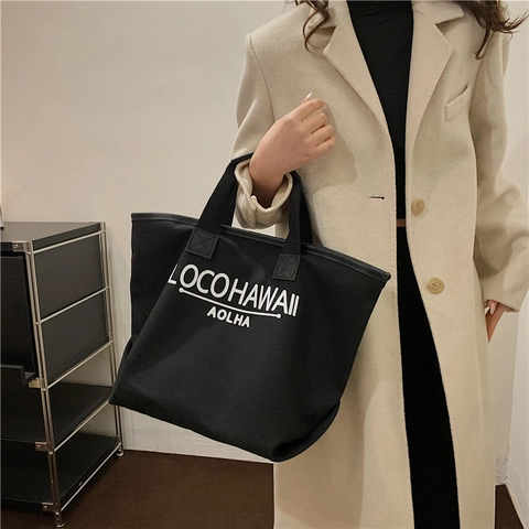 Women Large Capacity Canvas Tote Bag Aesthetic Hawaii Letter Print Shoulder Handbag Fashion Casual Street Travel Daily Bag