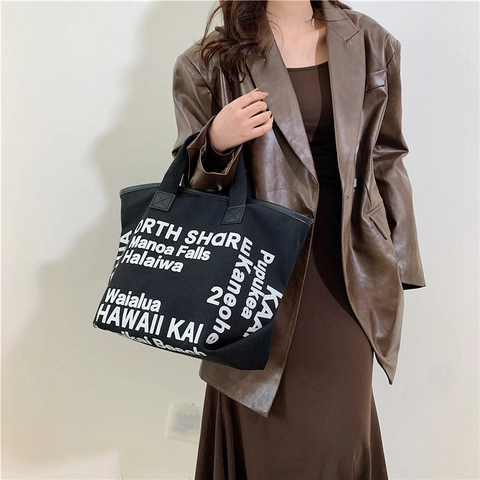 Women Large Capacity Canvas Tote Bag Hawaii Letter Print Casual Shoulder Bag Retro Street Style Daily Shopping Handbag