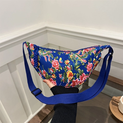 Ethnic Style Floral Print Canvas Crescent Crossbody Bag Large Capacity Peony Pattern Half Moon Shoulder Purse For Women