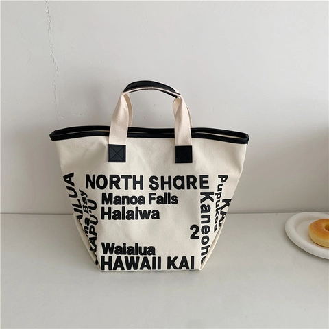 Women Large Capacity Canvas Tote Bag Hawaii Letter Print Casual Shoulder Bag Retro Street Style Daily Shopping Handbag