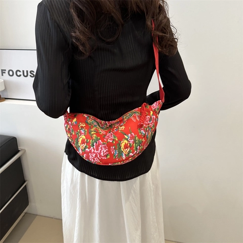 Ethnic Style Floral Print Canvas Crescent Crossbody Bag Large Capacity Peony Pattern Half Moon Shoulder Purse For Women