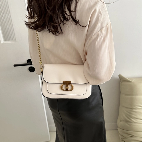 Retro Mode PU Leer Vierkante Crossbody Tas Voor Dames Metalen Slot Ketting Schoudertas Elegante Effen Kleur Commuter Tas