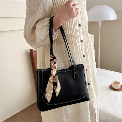 Women Large Capacity PU Leather Tote Bag With Silk Scarf Contrast Stitching Urban Minimalist Shoulder Bag For Commuter Daily Work