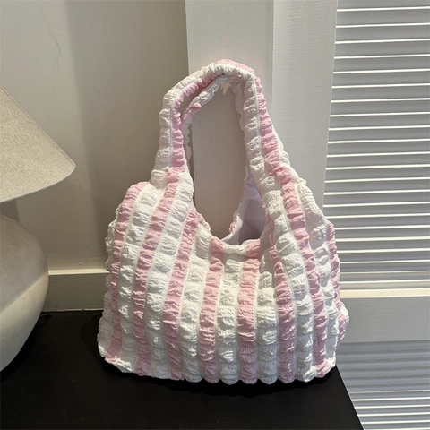 Sac Cabas Femme Texture Bulle Sac à Épaule Tissu Popcorn Décontracté Style Coréen Grande Capacité Sac à Main Rayé