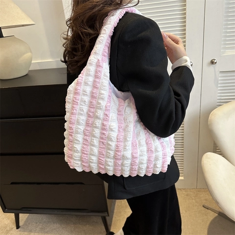 Borsa Shopping da Donna a Bolle Popcorn Grande Capacità Estetica Tinta Unita a Righe Borsa a Spalla Casual Vielseitige Borsa