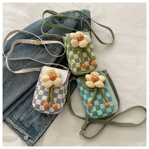 Bolso Bandolera Para Teléfono Mujer Patrón Tablero Ajedrez Flor Mini Bolsa Hombro Estilo Coreano Dulce Solapa