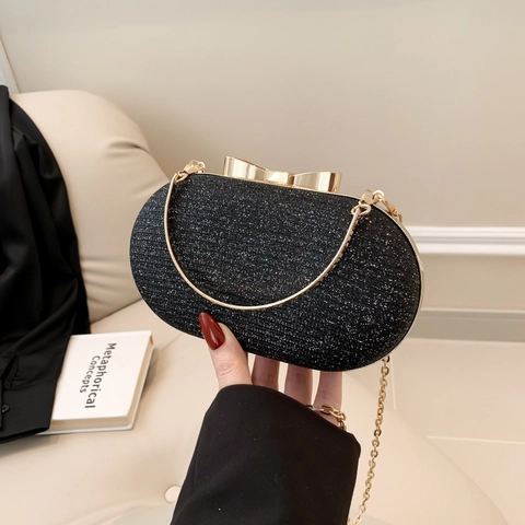 Women Evening Clutch Bag Glitter Sequins Oval Party Banquet Handbag With Bow-Knot Clasp Metal Chain Strap Ring Handle