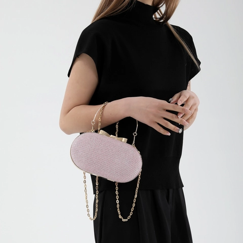 Elegante Borsa da Sera Glitterata da Donna in Pelle PU Ovale a Tracolla Con Fiocco in Metallo e Catena per Matrimonio e Festa