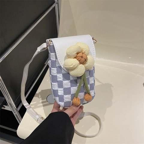 Women Checkerboard Crossbody Phone Bag Floral Decor Canvas PU Leather Korean Style Small Square Flap Sweet Bag