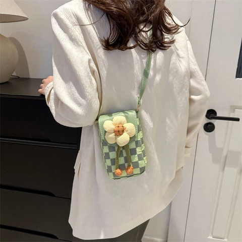 Women Checkerboard Crossbody Phone Bag Floral Decor Canvas PU Leather Korean Style Small Square Flap Sweet Bag
