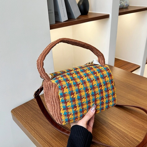 Borsa A Tracolla Cilindro Retro In Tessuto Pied De Poule Giunzione Velluto A Coste Borsa A Mano Donna Quadrata