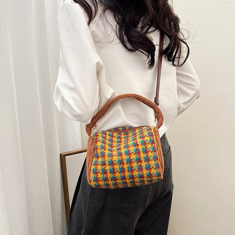 Borsa A Tracolla Cilindro Retro In Tessuto Pied De Poule Giunzione Velluto A Coste Borsa A Mano Donna Quadrata