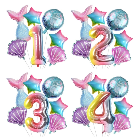 Juego de Globos de Cola de Sirena Degradados de Papel de Aluminio Estrellas y Conchas para Decoración de Fiesta de Cumpleaños