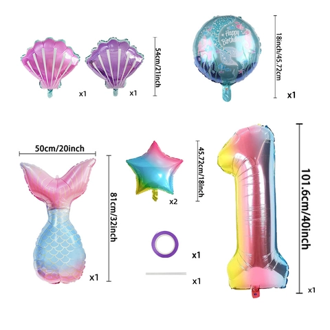 Juego de Globos de Cola de Sirena Degradados de Papel de Aluminio Estrellas y Conchas para Decoración de Fiesta de Cumpleaños