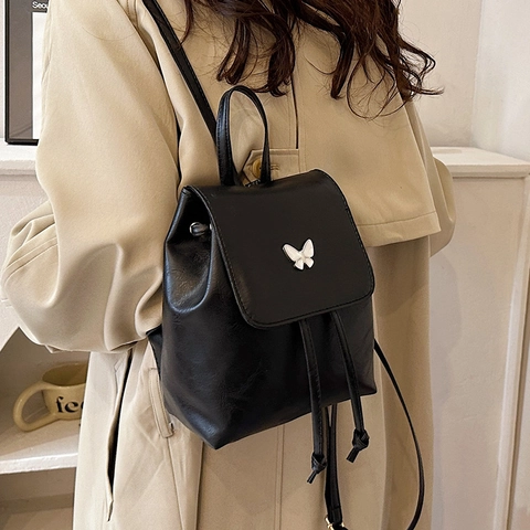 Vintage Kunstleder Mini Rucksack Für Damen Stilvoll Schmetterling Dekor Kordelzug Kleiner Rucksack Casual Travel Mode Schultertasche