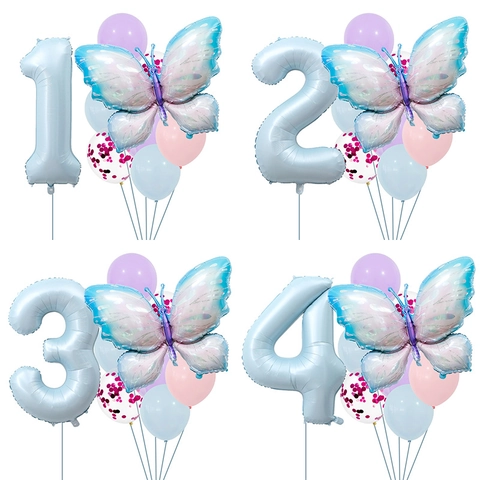 Geburtstagsparty Dekoration Luftballons Baby Blau Aluminiumfolie Nummer Schmetterling Macaron Latex Für Kinder Feier
