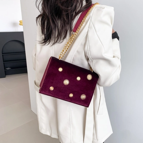 Vrouwen Vintage Gouden Fluweel Kleine Vierkante Tas Zonnestraal Klinknagels Decor Gouden Ketting Schouder Crossbody Tas Casual Party Avondtas