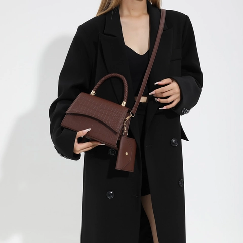 Sac à Main pour Femmes en Cuir PU avec Motif Crocodile et Poignée Tressée Sac Bandoulière Carré à la Mode avec Mini Pochette