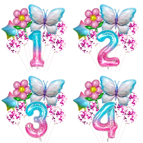 Juego Globos Números Degradados Con Estrella Mariposa Girasol De 40 Pulgadas Para Decoración Fiesta Cumpleaños Niños Accesorios Foto