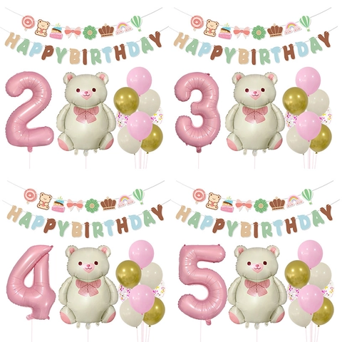 Bär Thema Geburtstagsparty Deko Folienballons Tier Nummer Happy Birthday Banner Latex Konfetti Ballons Kinder Macaron Farben