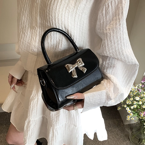 Sac à Main en Cuir PU pour Femmes Décoration de Nœud Sac à Épaule Carré Style Doux Féminin Petit Sac de Soirée