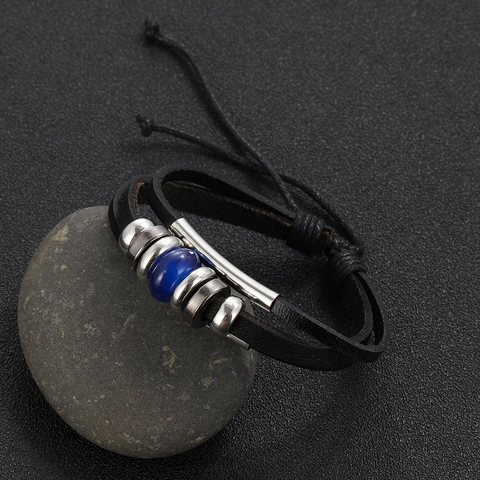 Multilayer Leather Bracelet With Blue Resin Bead Metal Accents Vintage Punk Adjustable Woven Cord For Men Women