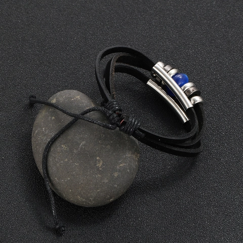 Multilayer Leather Bracelet With Blue Resin Bead Metal Accents Vintage Punk Adjustable Woven Cord For Men Women