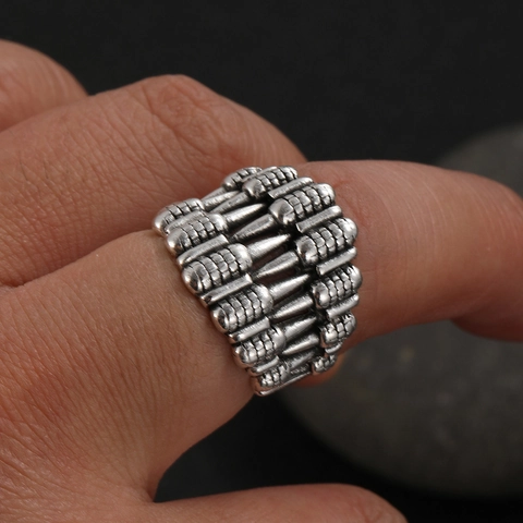 Punk Wide Band Ring Alloy Antique Silver Bullet Shape Industrial Distressed Finish Retro Gothic Rock Jewelry