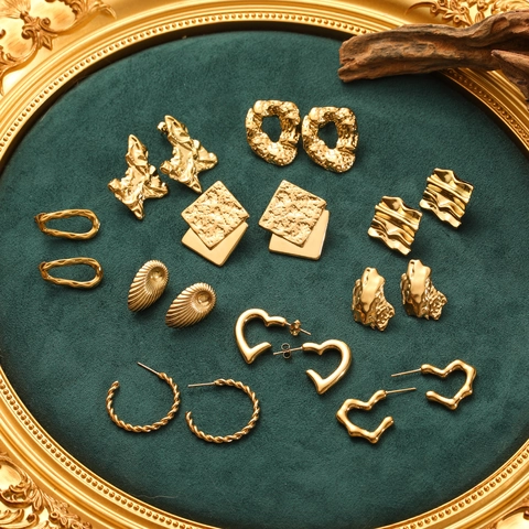 Boucles d'oreilles Vintage en Acier Titane Plissé pour Femmes Texture de Lave Irrégulière Cœur Géométrique Or Bijoux