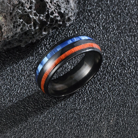 Bague Vintage en Acier Inoxydable pour Hommes Incrustation de Bois et d'Opale d'Imitation Anneau Noir Bijoux Géométriques Cadeau