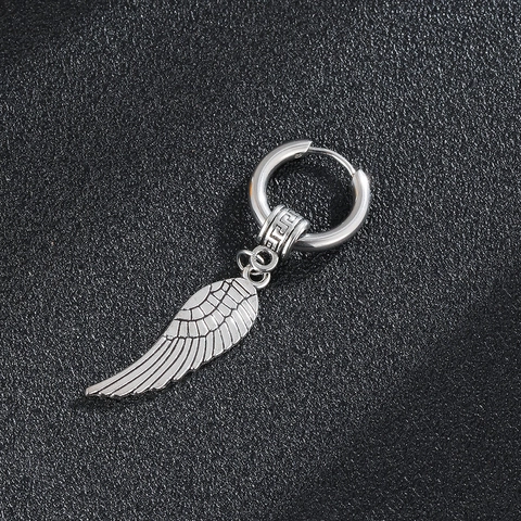 Hoop Drop Earrings Stainless Steel Wing Feather Pendant Retro Punk Hip Hop Streetwear Style For Men Women Silver