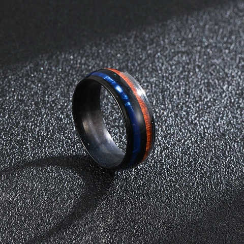 Bague Vintage en Acier Inoxydable pour Hommes Incrustation de Bois et d'Opale d'Imitation Anneau Noir Bijoux Géométriques Cadeau