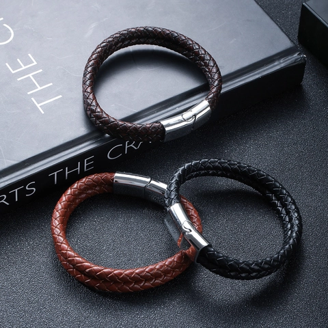 Bracelet en Cuir Véritable pour Hommes Vintage Tressé Multicouche Avec Boucle Magnétique en Alliage Bijoux de Mode Cadeau