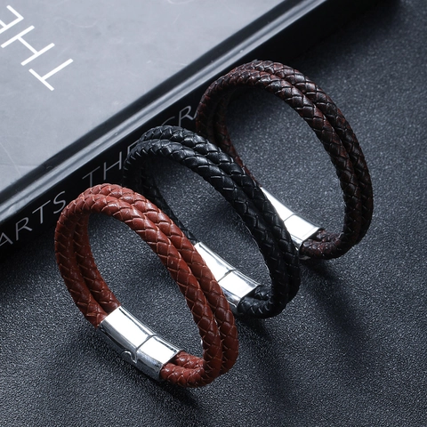 Bracelet en Cuir Véritable pour Hommes Vintage Tressé Multicouche Avec Boucle Magnétique en Alliage Bijoux de Mode Cadeau