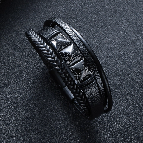 Men Multi-Layer Braided Leather Bracelet With Alloy Magnetic Buckle Faux Marble Turquoise Blocks Punk Vintage Wristband
