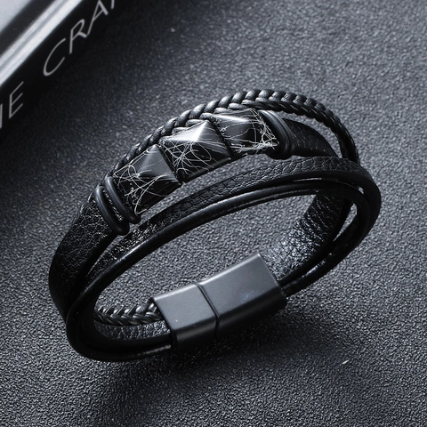 Men Multi-Layer Braided Leather Bracelet With Alloy Magnetic Buckle Faux Marble Turquoise Blocks Punk Vintage Wristband