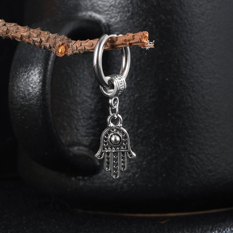 Roestvrijstalen Hamsa Hand Hanger Ring Oorring Vintage Zilver Punk Hip Hop Stijl Sieraden Voor Mannen Vrouwen