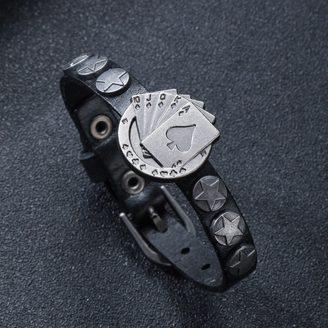 Punk Rock Leather Bracelet Poker Royal Flush Spades Alloy Star Rivets Adjustable Hip Hop Wristband Retro For Men Women