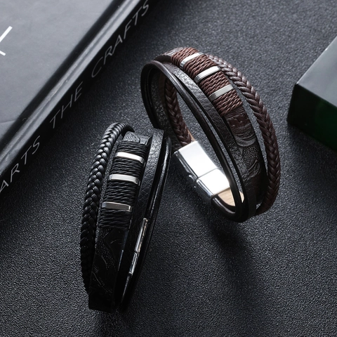 Bracelet Multi Couches Tressé En Cuir Véritable Avec Fermoir Magnétique En Alliage Bijoux Punk Vintage Pour Hommes