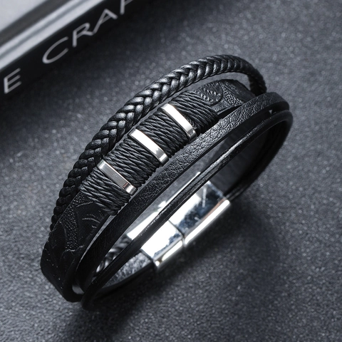 Bracelet Multi Couches Tressé En Cuir Véritable Avec Fermoir Magnétique En Alliage Bijoux Punk Vintage Pour Hommes