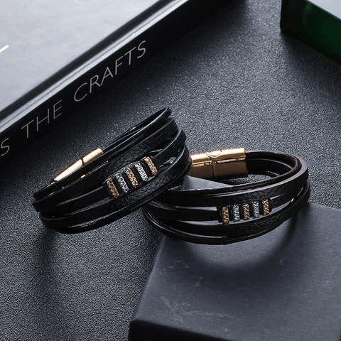 Bracelet en Cuir Multicouche pour Homme Boucle Magnétique en Alliage Rétro Punk Perles Géométriques Bijoux Décontractés Cadeau