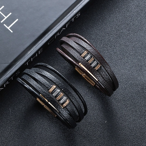 Bracelet en Cuir Multicouche pour Homme Boucle Magnétique en Alliage Rétro Punk Perles Géométriques Bijoux Décontractés Cadeau