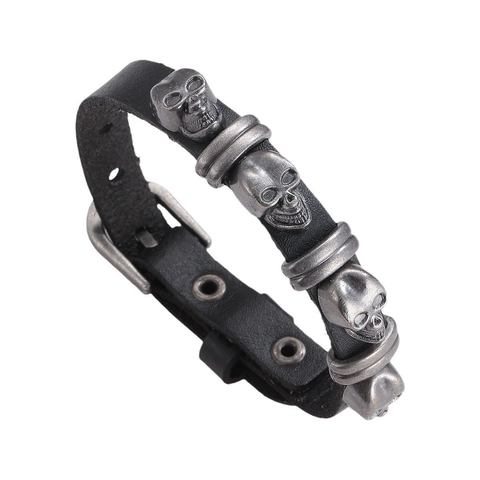 Punk Skull Cowhide Leather Bracelet Alloy Gothic Adjustable Hip Hop Wristband Fashion Jewelry Men Women